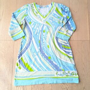 Barbara Gerwit Tunic DressBlue Green Swirl Print V Neck 3/4 Sleeve Women's L‎